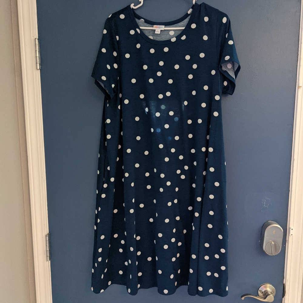 LuLaRoe blue and white polka dot dress